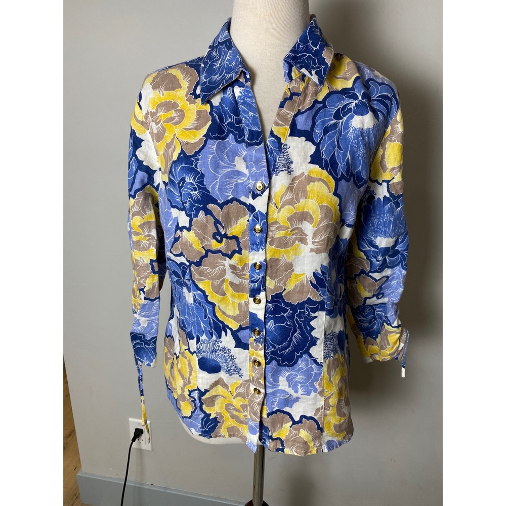 JM Collection Womens 6‎ Floral 100% Linen 3/4 Sleeve Button Down Shirt 6